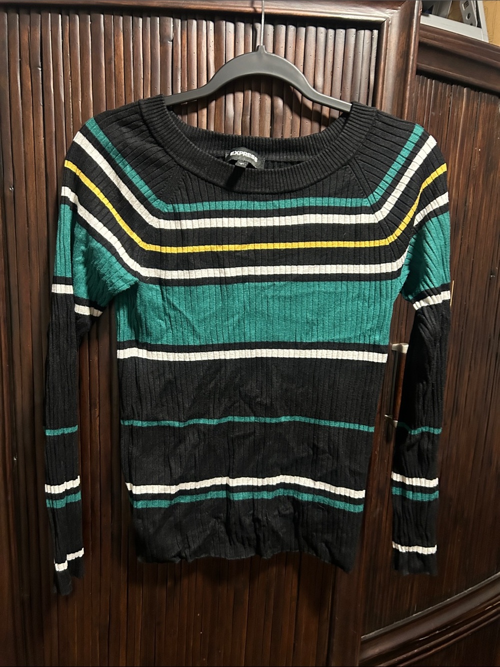 Express Black & Teal Striped Ribbed Crew Sweater